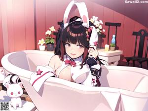 A girl in a bathtub with a bunny in her hair.